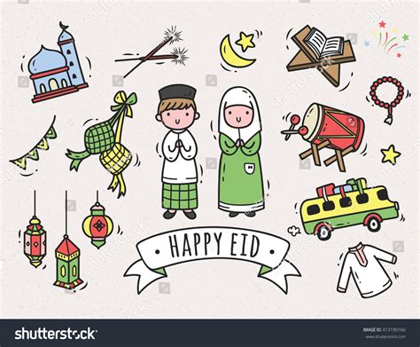 Eid Mubarak Idul Fitri Doodle Element ภาพประกอบสต็อก 413190166