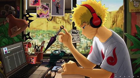 Anime Boy Headphone Studying Naruto Uzumaki Kunai 4k Hd Wallpaper