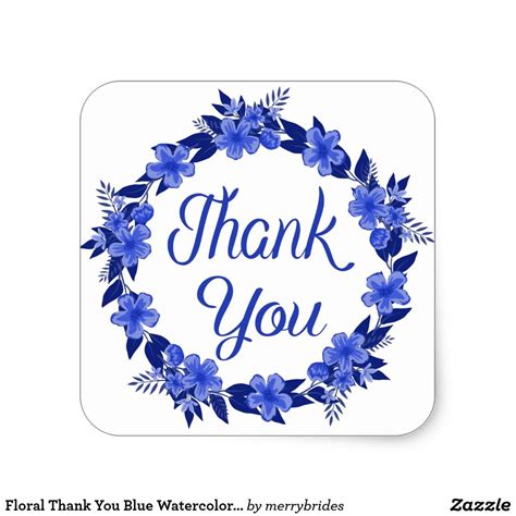 Floral Thank You Blue Watercolor Flower Wreath Square Sticker Zazzle