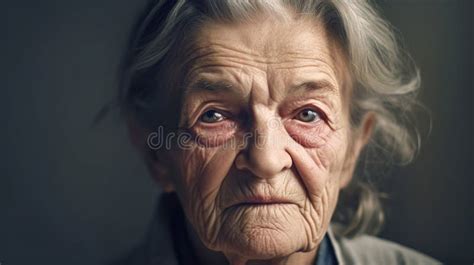 Portrait Of Old Woman Close Up Elderly Female With Wrinkles Looks At