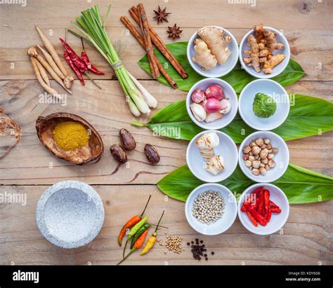 Various Of Thai Food Cooking Ingredients For Spice Red Curry Paste