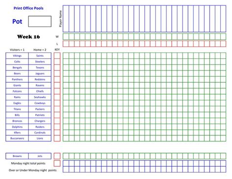2020 Nfl Football Pool Master Sheet Week 16 Football