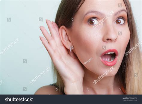 Shocked Gossip Girl Eavesdropping Hand Ear Stock Photo 500944954