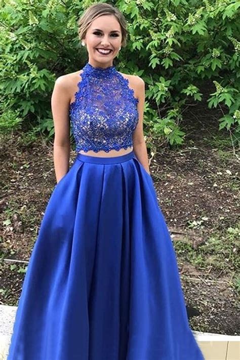 Cute Navy Blue Lace Top Satin Prom Dress Two Pieces Prom Dress For