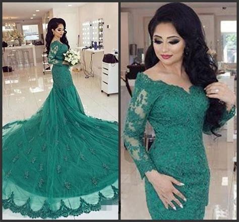 Designer Arabic Turquoise Green Mermaid Evening Dresses Long Sleeves