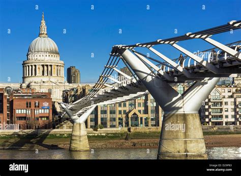 Millennium Bridge With St Pauls Cathedral London England Uk Stock