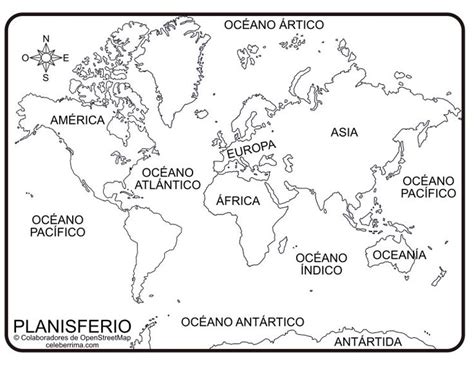 Planisferio sin división política y con nombres para colorear e