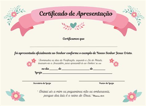 Certificado De Apresentação De Bebê Na Igreja Evangélica Para Imprimir
