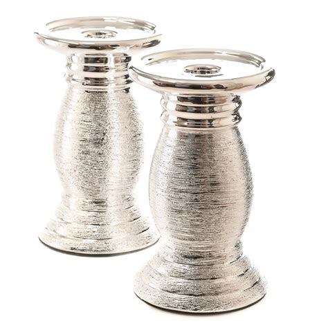 Silver Ceramic Pillar Candle Holders 6 Set Of 2