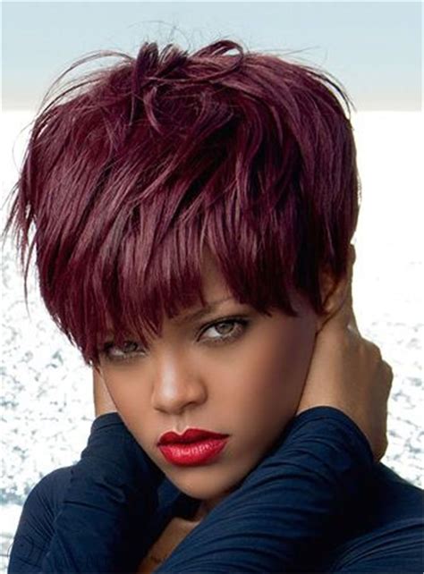 Rihanna Red Pixie Layered Short Straight Human Hair With Full Bangs