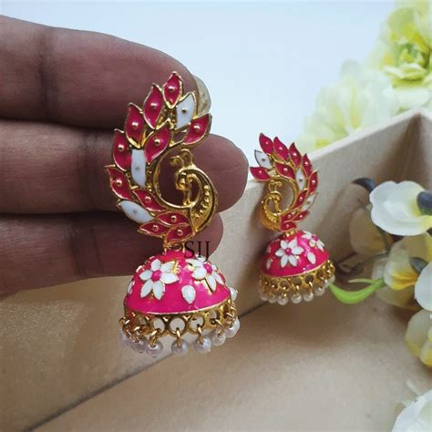Rani Color Peacock Minakari Earrings South India Jewels