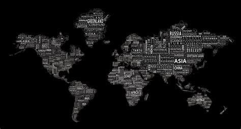 1 World Text Map Wall Mural White On Black Map Wall Mural World