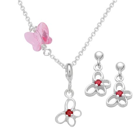 Sterling Silver Butterfly Birthstone Necklace And Earrings Set