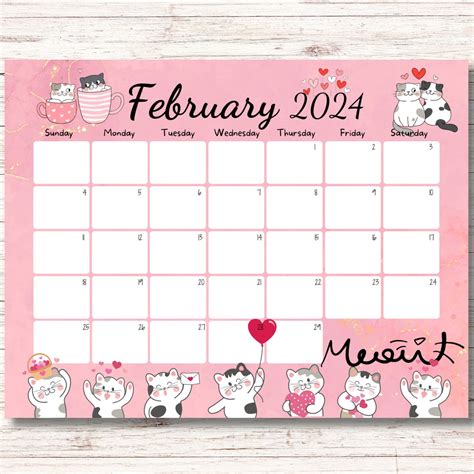 Editable February 2024 Calendar Valentines Day Printable Etsy Canada