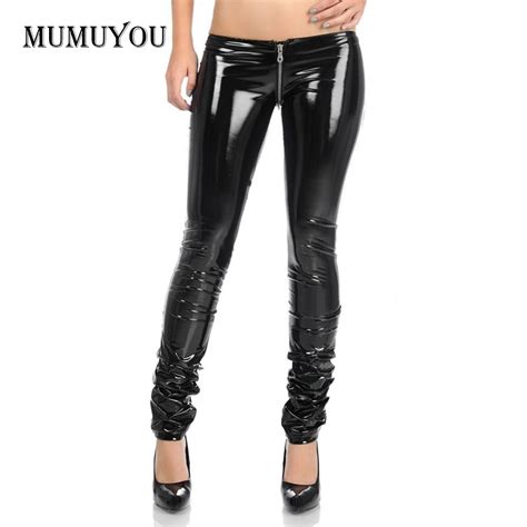 women latex rubber full zipper low waist long pants skinny pencil leggings sexy pvc metallic