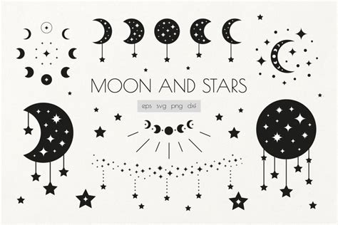 Moon And Stars Clipart In Bohemian Style