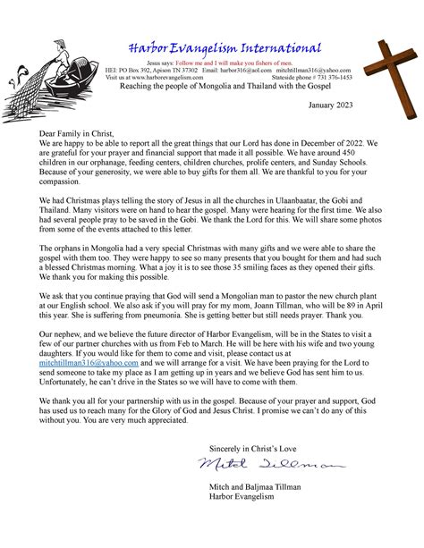 Jan 2023 Prayer Letters Harbor Evangelism International