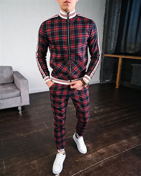 2021 mens tracksuit spring autumn fashion plaid tracksuit casual two piece set mens sports suit