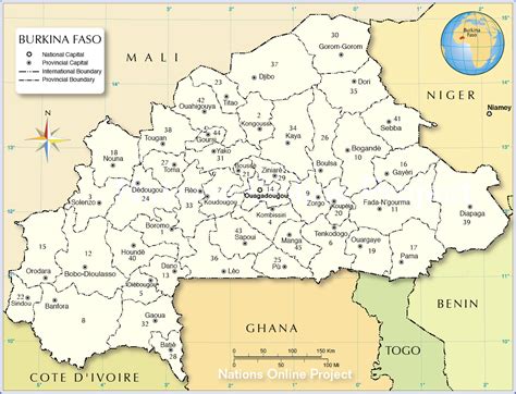 It is surrounded by six countries: Administrative Map of Burkina Faso - Nations Online Project