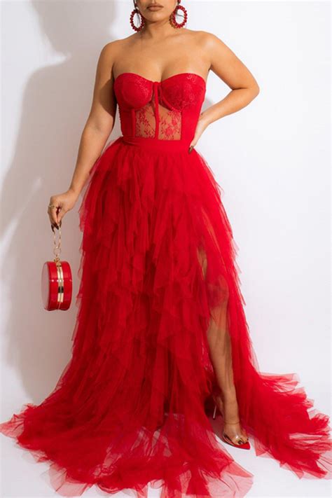 Red Fashion Sexy Casual Sexy Lace See Through Party Mesh Strapless Dresses Dresses