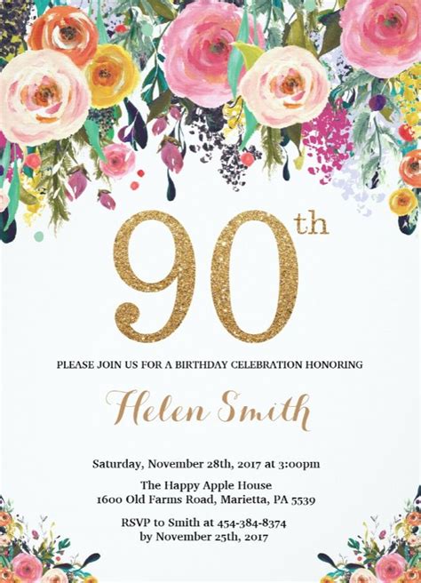 Floral 90th Birthday Invitation Gold Glitter In 2020