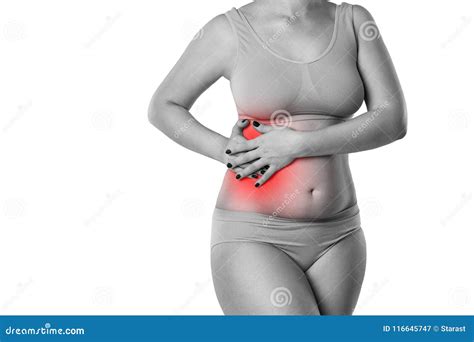 Femme Avec Douleur Abdominale D Isolement Sur Le Fond Blanc Image Stock