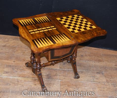 Antique Games Table Walnut Chess Backgammon Work Box