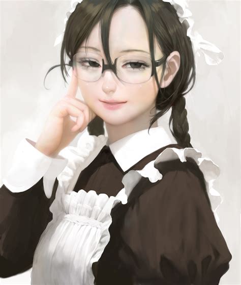 safebooru 1girl apron bangs black eyes black hair braid glasses hair between eyes lips long