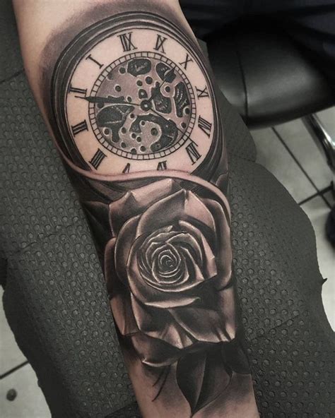 No need to worry about thorns when looking at these rad rose heart shaped pocket watch with rose tattoo design idea. 1001+ Ideas and inspirations for cool forearm tattoos