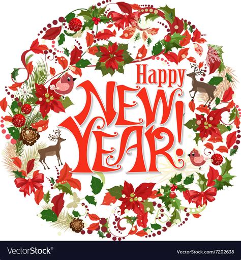 Happy New Year Lettering Design Circle Floral Vector Image
