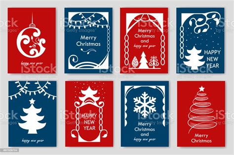 Set Kartu Natal Sederhana Ornamen Tahun Baru Ilustrasi Vektor Ilustrasi