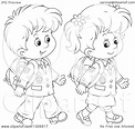 Lineart Clipart of Cartoon Black and White Happy School Children ...
