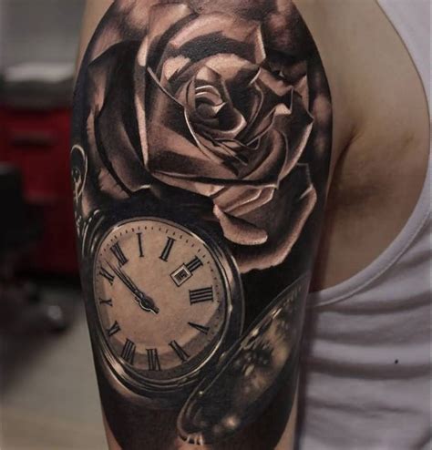 Beautiful Realistic Flower With Clock Tattoo On Upper