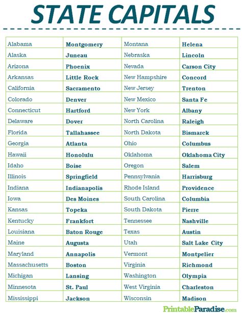 States And Capitals Printable List