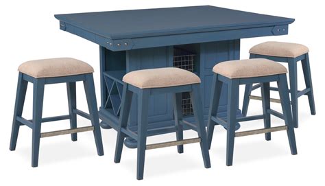 New Haven Counter Height Kitchen Island And 4 Backless Stools Blue
