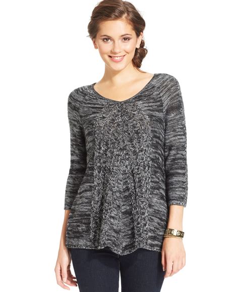 Ny Collection Three Quarter Sleeve Marled Knit Sweater Sweaters