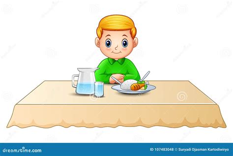Cute Little Boy Cartoon Eating On Dining Table Vector Illustration