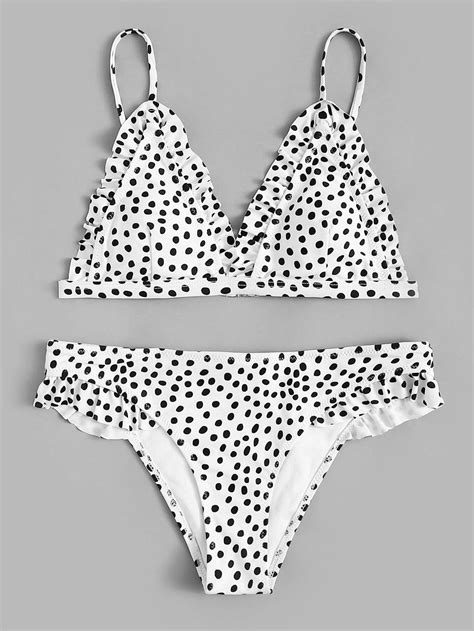 White Polka Dot Frill Trim Cami Top Swimsuit With Low Rise Bikini