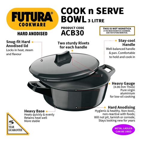 Hawkins Futura 3 Litre Cook N Serve Bowl Hard Anodised Saucepan With