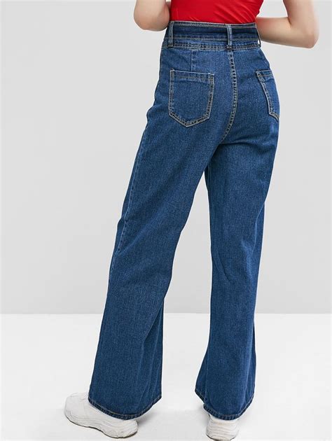 Belted High Waisted Wide Leg Jeans Denim Dark Blue In 2020 Wide Leg