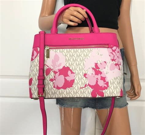 Nwt Michael Kors Bag Medium Leather Mk Pvc Satchel Crossbody Handbag Purse Pink Micha