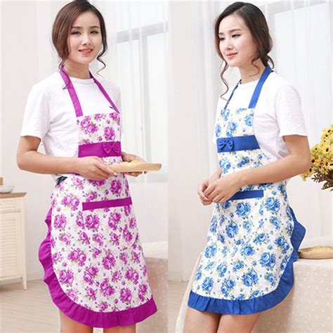 Deyuer Women Bib Floral Print Bowknot Kitchen Restaurant Cooking Pocket Dress Apronpurple