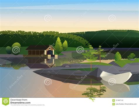 Vector Image Of Tranquil Landscape With Remote House Dock