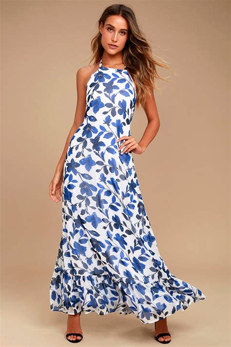 Lovely Blue And White Floral Print Dress Halter Maxi Dress Backless