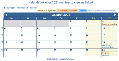 Belgie Kalender Voor Afdrukken Oktober 2021