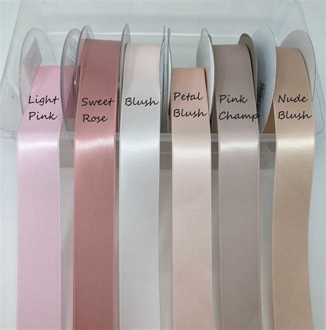 Five Different Colors Of Satin Ribbon In A Box With Labels On Them That Say Sweet Blush Pink