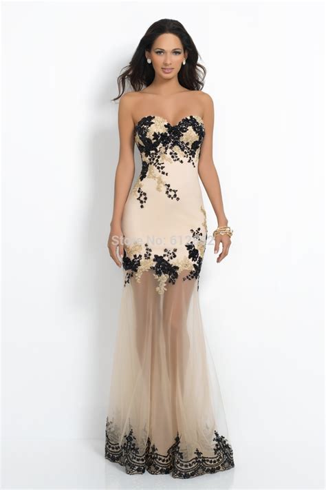 Elegant Strapless Beaded Black And Gold Lace Nude Long New Arrival 2017