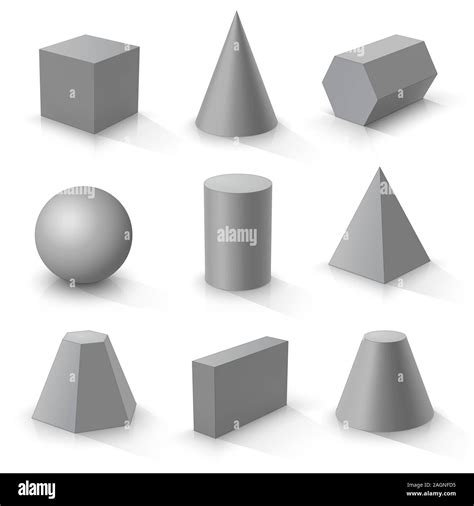 Set Of Basic 3d Shapes Grey Geometric Solids On A White Background