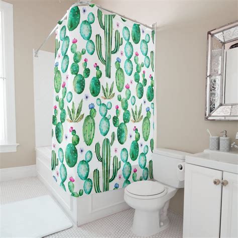 Cute Watercolor Flowering Cactus Patterned Shower Curtain Zazzle
