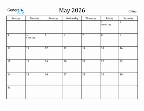 May 2026 Monthly Calendar With China Holidays
